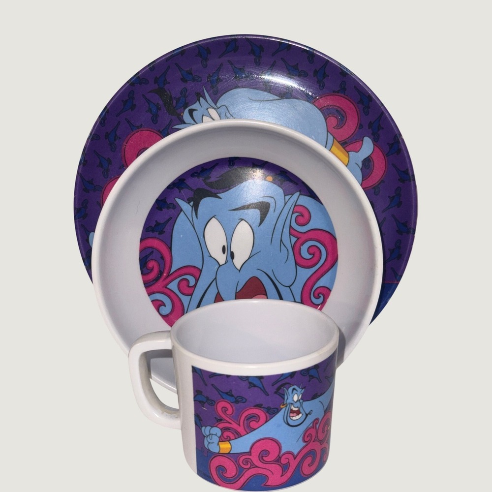 Vintage Disney Aladdin Melamine Plate Bowl Mug Set Genie 1992 Purple 3 Piece